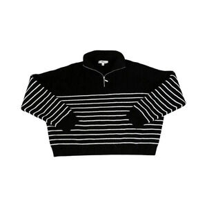 Vigoss Woman's 1/4 Zip Large Black Cropped Collared Ribbed Sweater White Stripes